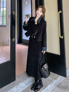 Black Corduroy Hepburn Style Womens Set Spring Autumn New Fake Two-Piece Top Half-Skirt Two-Piece Set Long Sleeve Button Closure