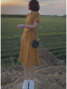 Yellow Summer Dress Womens Korean Style High Waist Slimming A-Line Skirt Unique Design Sensation Commute Fashion Button Detail