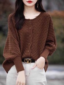 Áo Len Cardigan Dệt Kim Tay Cánh Dơi Dáng Rộng Cổ Tròn Hở Vai Ngắn Dáng Ôm Mùa Xuân Thu Phong Cách Mới Cho Nữ