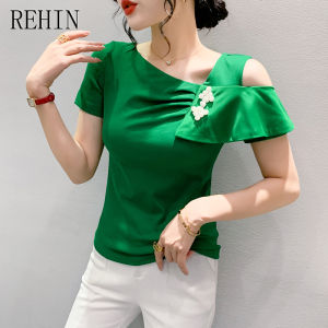 REHIN European style new trendy off-shoulder short-sleeved T-shirt for women with ruffled hem versatile and stylish top