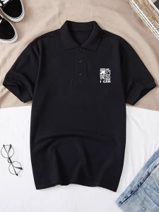 เสื้อยืดคอโปโลแขนสั้นผู้ชาย ทรงหลวม ปกโปโล สไตล์ญี่ปุ่น เทรนด์แฟชั่น ใส่ได้หลากหลายโอกาส ชุดลำลอง สีดำ