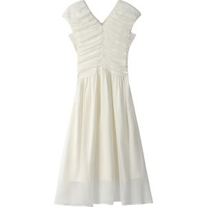 INMAN | Vacation Style Waist Slimming Pleated White Dress