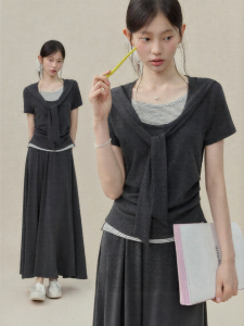 OUYANGXI | Bộ Áo Blouse Tay Ngắn Giả Phối Đôi Và Chân Váy Rộng Mới Hè