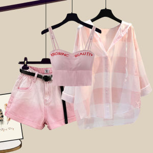 TIANANQI | Dopamine Style Sweet & Spicy Set Pink Shirt Crop Top Denim Shorts