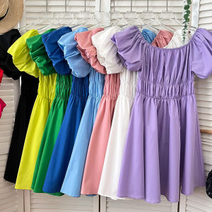Fashionable Shoulder-baring One-shoulder Pleated High-waisted Slimming Bubble Sleeve Dress Short Skirt Women Summer New Arrival