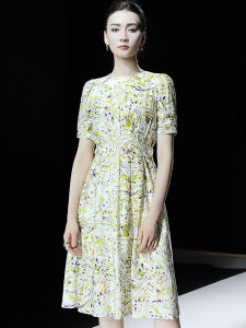 French Style Floral Print round Neck Bubble Sleeve Short Dress Womens High Waist A-Line Summer Dress Elegant Ageless