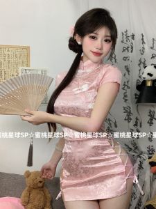 Qipao สั้นสไตล์จีนย้อนยุค เซ็กซี่ ผ่าชายสูง ลายดอก เดรส มีเข็มขัด เรียบหรู กระโปรง สําหรับประสิทธิภาพ โพลีเอสเตอร์ สแปนเด็กซ์ Blend