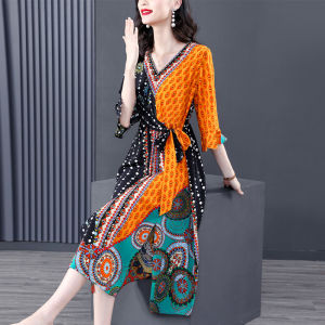 Elegant Silk Dress Ethnic Print Mulberry Silk Waist Cinching Slimming Goddess Style Long A-Line Skirt V-Neck Five-Quarter Sleeve