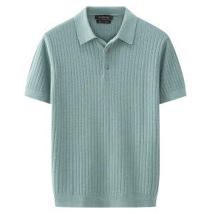 American Casual Thin Knitted Shirt Mens Collar Elastic Slim Fit T-shirt Polo Shirt Breathable Comfortable Short Sleeve Summer Wear