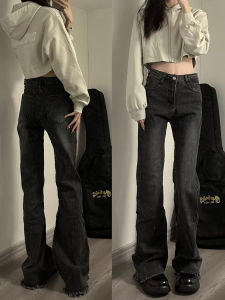 Quần Jeans Denim Ống Loe Ôm Vừa Vặn Cạp Cao Cho Nữ Quần Dài Đến Sàn Co Giãn Màu Đen Xám Thường Ngày