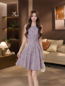 DENGLIULIU | Đầm Tím Sang Trọng Chất Liệu Linen Không Tay Ôm Sát