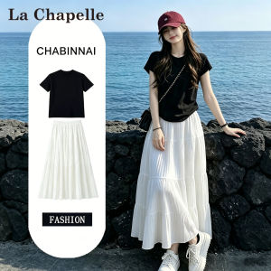 La Chapelle | Summer Thin White Chiffon Pleated Midi Skirt and Black Short Sleeve Top Two-piece Set