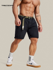 กางเกงขาสั้นผ้าฝ้ายลายทางสไตล์สตรีทสำหรับผู้ชาย TOMATOPAPA กางเกงขายาวทรงตรง ทรงหลวม สวมใส่สบาย กางเกงยีนส์ลำลอง