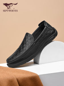 Septwolves Mens Casual Business Shoes Soft Leather Slip-On round Toe Wear-Resistant mid Heel Fashion Loafers Autumn Season