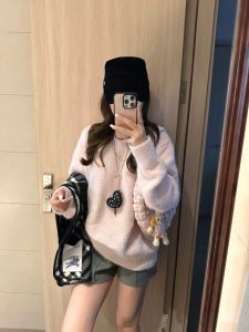 Pink Soft Cozy round Neck Knitted Sweater Womens Autumn Winter Loose Fit Overhead Top Trendy Base Layer Shirt for Small Figures