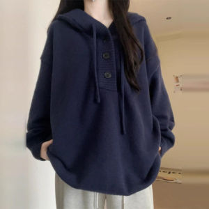 Blue Hooded Knit Sweater Womens Loose Korean Style Autumn Winter New Lazy Fashion High Sensation Knitted Top Shirt
