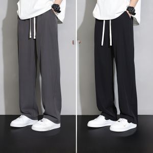 ROMON | Romon Ice Silk Mens Summer Thin Wide Leg Loose Straight Sporty Trendy Floor-Length Pants Youthful Vitality Style Casual Leisure
