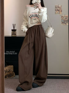 Brown Lazy Style Elastic Waist Drawstring Casual Pants Women Winter High Waist Thickened Loose Slimming Sports Wide Leg Pants