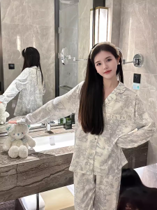 New 2024 Womens Ice Silk Sleepwear Loose Long Sleeve Long Pants Home Clothes Set Can Be Worn outside Spring Autumn Season