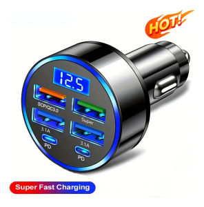 6-In-1 Car Charger with Quick Charging USB-C | Dual PD+QC3.0 4 USB Ports with Display Matte Finish Durable Construction