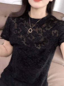 UYFY | เสื้อยืดคอกลมแขนสั้นผ้าลูกไม้สีดำสำหรับผู้หญิง ฤดูร้อน 2025 เสื้อผ้าทำงานลำลอง แขนสั้น คอตั้ง แขนยาวปกติ