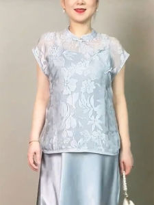 QINGNAER | Oversized Womens Gentle Chinese Style Light Blue See-Through Short Sleeve Shirt
