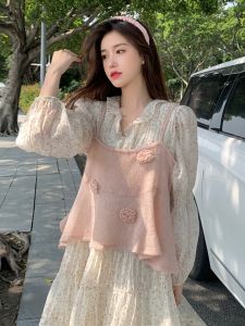 ชุดเดรสยาวลายดอกไม้สไตล์เกาหลี ชุดสองชิ้น ทรงหลวม แขนยาว กระโปรงทรงเอ สำหรับผู้หญิงวัย 18-24 ปี