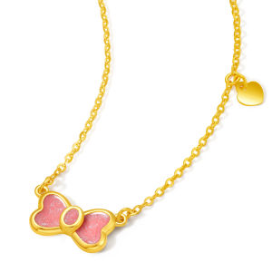 ZHOU LIU FU 周六福 999 24K Pure Gold Pendant Necklace Sweet Butterfly Solid Gold Pink Enamel Pendant Chain Necklaces for Women 40+5cm A0613238