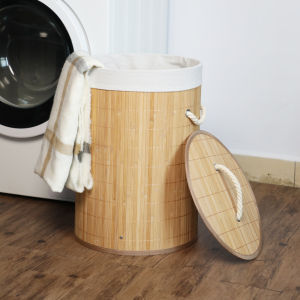 CASSIE Bamboo Laundry Storage Round Hamper Organizer with Lid & Cloth