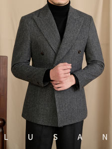 Tailored Wool Blend Herringbone Double Breasted Vintage Suit