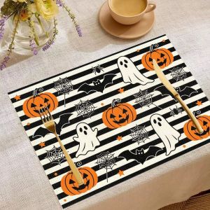 Bộ Thảm Trải Bàn Halloween VIKAMA - Bộ Trang Trí Bàn Ăn Hình Cú Bí Ngô Ma Dơi Mạng Nhện Sọc Ma Quái 2/4/6 Món Tùy Chọn