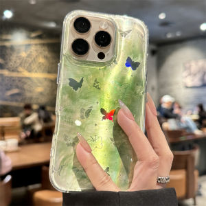 Green Butterfly Full Cover Ultra-Thin Silicone Phone Case for Apple 16Pro Max 15Pro 14Pro Womens Style Protective Shell
