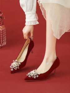 Josiny | Spring New Red Crystal Pointed Comfortable Thin Heels Wedding Shoes