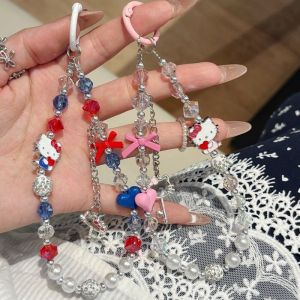 Sanrio | INS Sanrio Y2K Hello Kitty Beaded Phone Wrist Strap Glossy Chain for Girls Women Keychain Bag Decor Anti-lost Headphone Lanyard