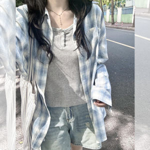 Áo Sơ Mi Chống Nắng Kẻ Caro Phong Cách Mỹ Cổ Polo Tay Dài Dáng Rộng Mỏng Nhẹ Mùa Hè Cho Nữ Chất Liệu Khác