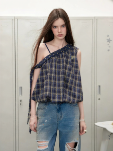 Unifree | Off-Shoulder Asymmetric Polka Dot & Checkered Patchwork Womens Shirt