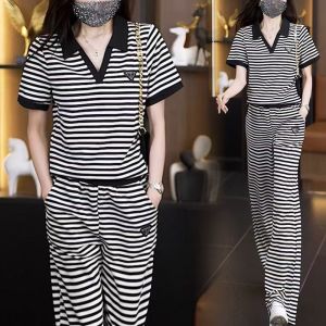 womens lapel stripe two pieces sets filipinina modern polo collar short sleeve chaliss terno for lady outfit korean style v-neck ternos casual two piece suits