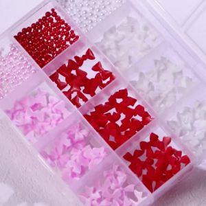 1box 3D Flower Bow Nail Art Decorations Kit Pink/White Acrylic Floral/Peal Beads Nail Charm with Wax Pen/Tweezer 4/6mm Nail Part
