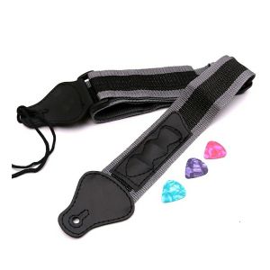 Guitar Strap Adjustable Black  w/ 3 Plectrums Guitar Pick Holders PU Leather Ends Belt with +free 3pcs. Guitar Picks