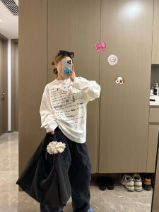 American Street Lazy Style Long Sleeve Female Spring & Fall Graffiti Letter Oversize Couple round Neck T-Shirt 100% Cotton Coat