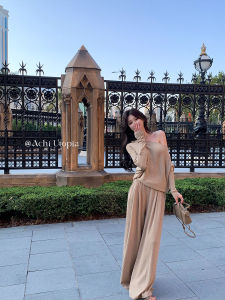 Achi Casual Wide Leg Knitted Woolen Simulation Pants Draped Caramel Color Loose Long Trousers Elastic Waist Womens Fashion