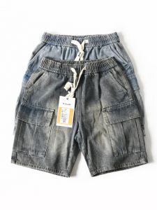 New Mens Cotton Workwear Shorts Summer Loose Straight Leg Casual Five-Quarter Length Mid-Waist Washed Denim Multi-Pocket Style
