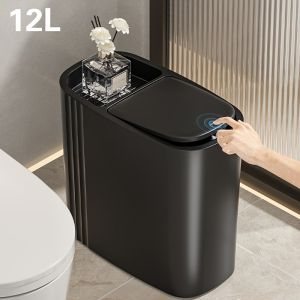 12-Liter Stylish Black Trash Can with a One-Button Pop-Up Lid Sealing Odors Homes and Bathrooms - Stylish Design Durable