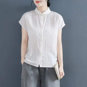 Pure Cotton Long Sleeve Doll Collar Casual Shirt Womens Spring Autumn New Style Artistic Retro Solid Color Casual Shirt