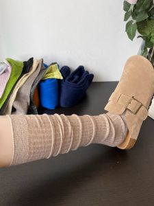 Khaki Brown Vertical Stripe Stackable Thin Womens Leg Socks Spring Summer Fashionable Miu Style Grey Smoke Color Block Socks
