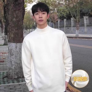 Thickened Fleece Half High Collar Wool Blend Knitted Sweater Men Winter mid Collar Inner Wear Warmth Clothing Casual Style Base Shirt