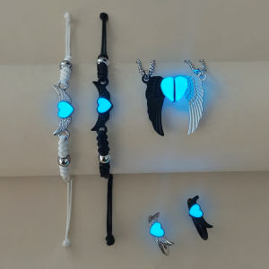 Luminous Heart And 3D Wing Couple Necklace Ring Bracelet Set for Women Fashionable 6-Piece Jewelry Combo