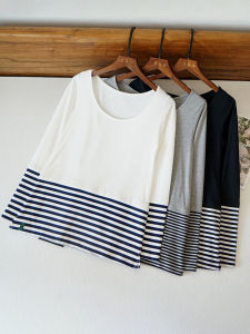 Slim Fit Base Layer T-Shirt Spring Autumn Womens Versatile Solid Color Stripe Splicing Long Sleeve Large round Neck Basic Shirt