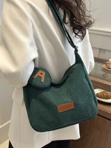 Corduroy Zipper Bucket Bag Womens Trendy Korean Style Versatile Shoulder Crossbody Bag for Youth Casual Fashion Plaid Pattern