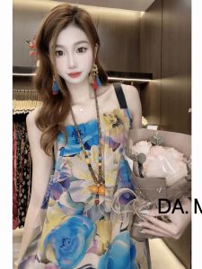 Slimming Long Summer Dress Luxury Lightweight Printed Womens Sleeveless Gown Polyester Satin A-Line Midi Dress Elegant